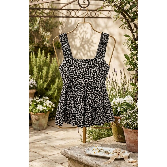 SO Goods For Life Tops - Boho Babydoll Top Ruffle Straps Blk/Wht Size L Y2K Cottage Floral Coquette Fairy